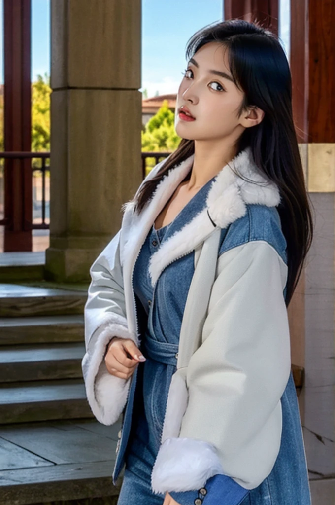 otclillsn,an ancient weathered stone spiral staircase Up into the Clouds,crazy geometrical unbelievable Illusion,blue Clouds Sky,very detailed,Castle at top of clouds,
1girl,extremely beautiful face,stunning face,perfect face,best face,extremely attractive,gorgeous,detailed face,highly detailed,realistic,hyper-realistic,IMAX,HD,8K resolutions,ultra-high resolutions,best quality,masterpiece,
xuer white fur coat,