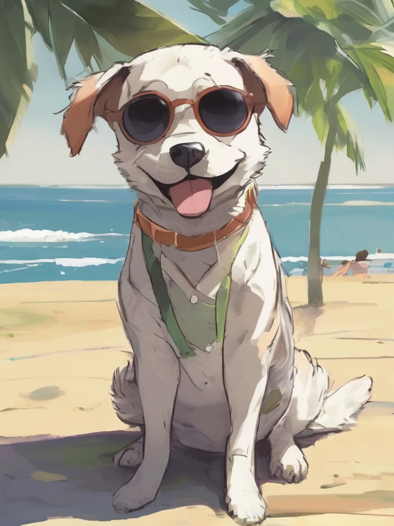 Sitting on a sunny beach、Dog wearing sunglasses, detailed, high quality　anime　Wearing a suit