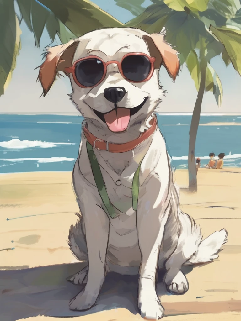 Sitting on a sunny beach、Dog wearing sunglasses, detailed, high quality　anime　Wearing a suit