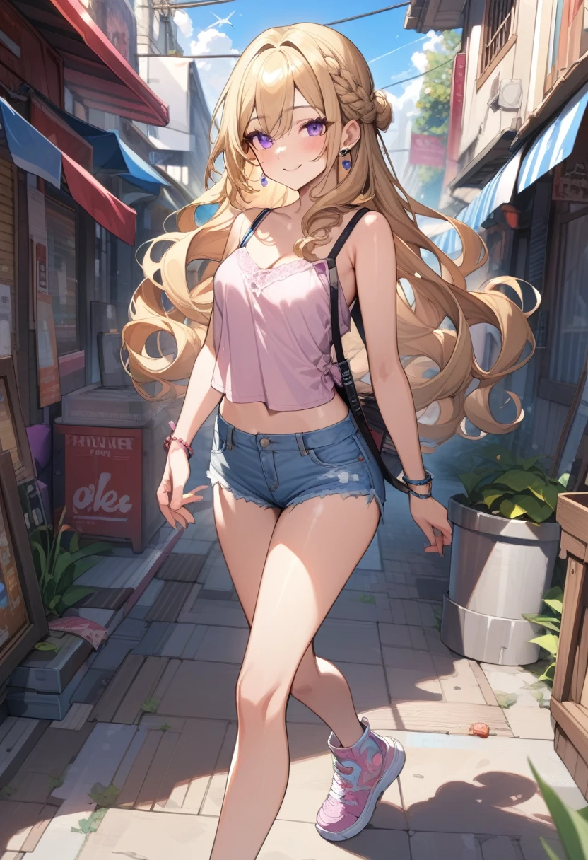 masterpiece, best quality, extremely detailed, ultra detailed, flat anime, 2D,
1girl, (young adult:1.2),blonde hair, (semi-long hair:1.2), curly hair, french braid,medium breasts, tsurime, purple eyes,earring,bracelet,height 1.7meters,
smile, pink sneaker, denim shorts, camisole, beach bag,
{{happy}}, (dynamic:1.7), (full body:1.7), outdoors, summer, facing viewer