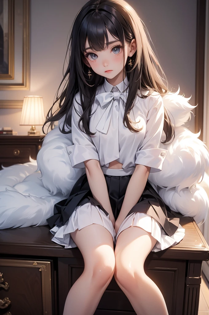 mini skirt,Crouched View,Fluffy jacket,((Small Bust)),Nipples,Expose the inside of your legs,Spread your legs,White panties,Luxurious Room