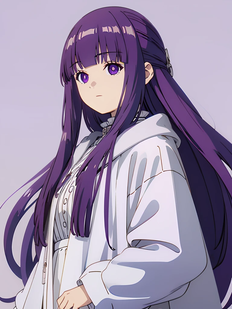 masterpiece, best quality, 1girl,purple hair, long hair,sidelocks, hair ornament,purple eyes, hood down,white shirt,jacket,open clothes,center frills,grey background,