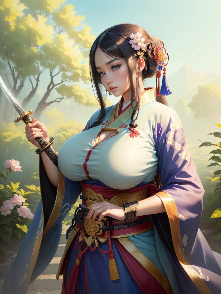 arafed image of a woman in a kimono with a sword, inspired by Li Mei-shu, she is holding a katana sword, inspired by Cao Zhibai, inspired by Ju Lian, inspired by Guan Daosheng, inspired by Wu Zuoren, inspired by Zhao Yuan, inspired by Zhao Mengfu, beautiful character painting, Highly detailed CG unit 8k wallpaper, masterpiece, High resolution, highest quality, highest quality real texture skin, Super Real, Digital Painting, Best image quality, 最High resolution, 8k, ((Highly detailed eyes and face, Beautiful eyes every detail)), Big Breasts, Cleavage, profile, dark persona, (((Saggy breasts, Gravity-dependent breasts, long chest, Heavy chest, ))), ((disproportionate breasts, huge breasts, sagging breasts, gigantic breasts, erect nipple,)),