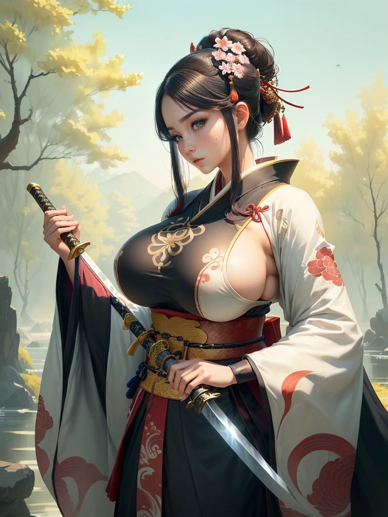 arafed image of a woman in a kimono with a sword, inspired by Li Mei-shu, she is holding a katana sword, inspired by Cao Zhibai, inspired by Ju Lian, inspired by Guan Daosheng, inspired by Wu Zuoren, inspired by Zhao Yuan, inspired by Zhao Mengfu, beautiful character painting, Highly detailed CG unit 8k wallpaper, masterpiece, High resolution, highest quality, highest quality real texture skin, Super Real, Digital Painting, Best image quality, 最High resolution, 8k, ((Highly detailed eyes and face, Beautiful eyes every detail)), Big Breasts, Cleavage, profile, dark persona, (((Saggy breasts, Gravity-dependent breasts, long chest, Heavy chest, ))), ((disproportionate breasts, huge breasts, sagging breasts, gigantic breasts, ????? nipple,)), 