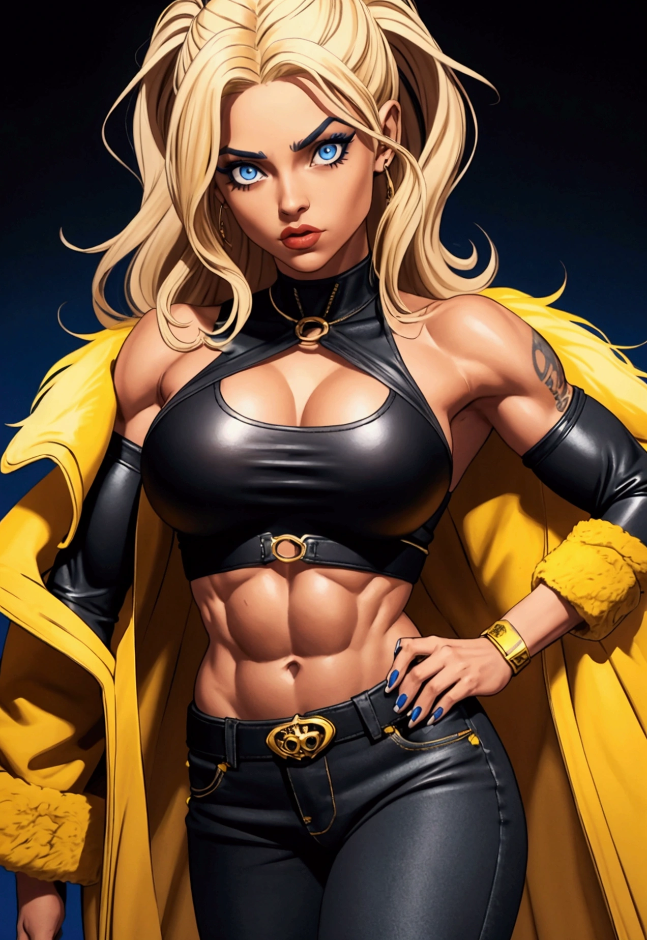 faça uma mulher loira olho azul musclegirl com casaco de pelo amarelo e blusa preta faça ela extremamente forte musclegirl e bem malhada com abs, lta, musclegirl, blonde with hair below her shoulders and blue eyes. Wears a yellow fur coat, cropped preto, black pants and black boots. She usually wears light makeup and paints her nails in neutral colors.
