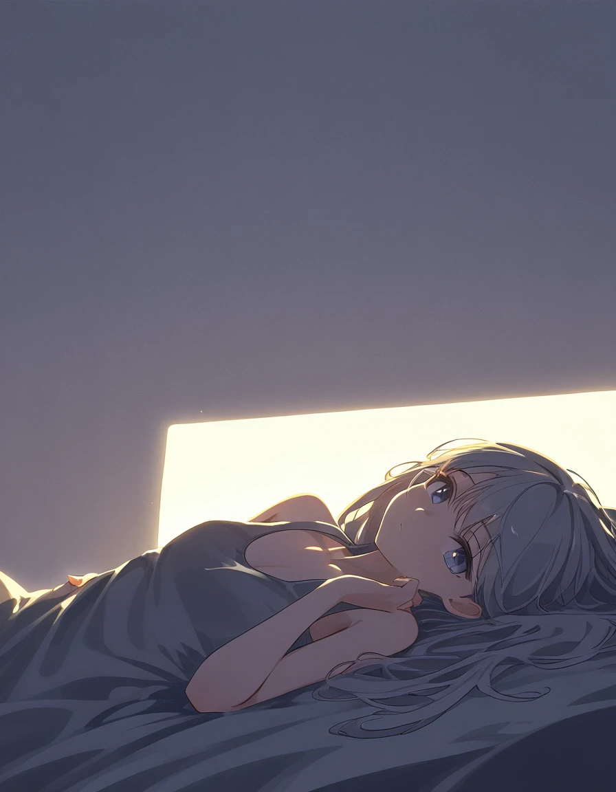 The image is a detailed illustration of a woman with long, flowing hair and a greenish hue, lying on a bed in a relaxed position, wearing a gray tank top, Super resolution, Megapixel, ProPhoto RGB, VR, Bullish, epic, half back lighting, backlights, natural lighting, incandescent light, fiber optics, lighting mood lighting, cinema lighting, studio lighting, soft lighting, volumetric, sharp contrast, dark lighting