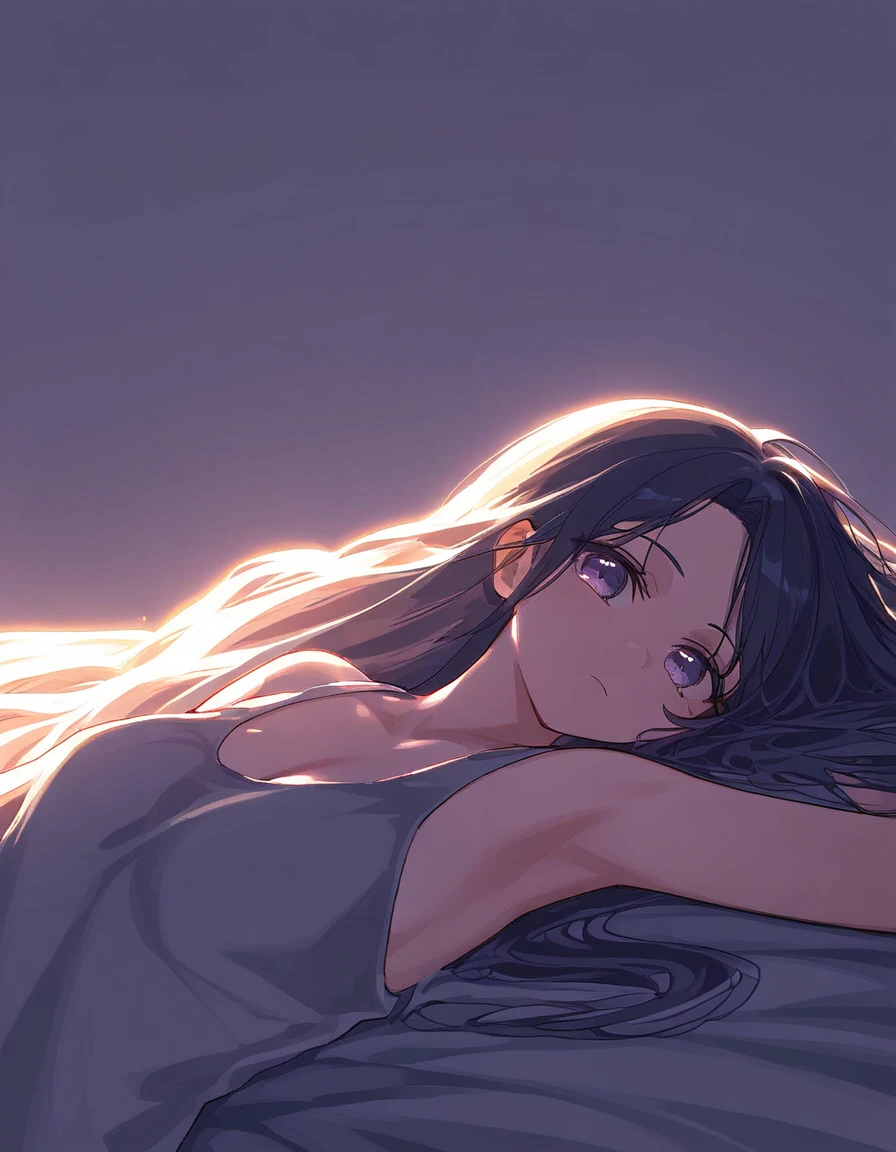 The image is a detailed illustration of a woman with long, flowing hair and a greenish hue, lying on a bed in a relaxed position, wearing a gray tank top, Super resolution, Megapixel, ProPhoto RGB, VR, Bullish, epic, half back lighting, backlights, natural lighting, incandescent light, fiber optics, lighting mood lighting, cinema lighting, studio lighting, soft lighting, volumetric, sharp contrast, dark lighting