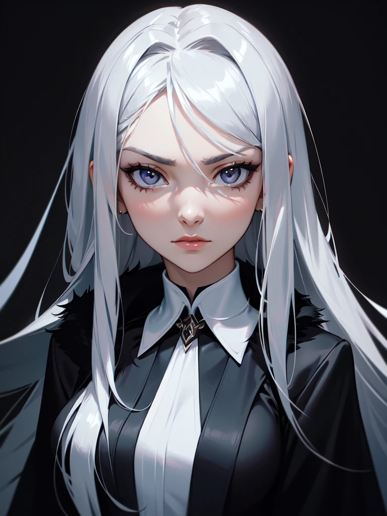 (((Portrait Photo))), She has a Sleek and Mysterious Appearance of a 18-Year-Old, with a Slim, Elegant Build, and a Stoic Demeanor. She has Medium-length and Smooth, Silver Hair, with Strands Falling Gracefully Around Her Face. Her Striking Light Gray Eyes Express a Calm and Serious Look, Giving Off a Cool and Collected Attitude. She Wears a Black High-Collared Top, Paired with a Black Coat Adorned with White Fur Trim. (((High Quality, Dark Background))), (((Portrait Photo)))