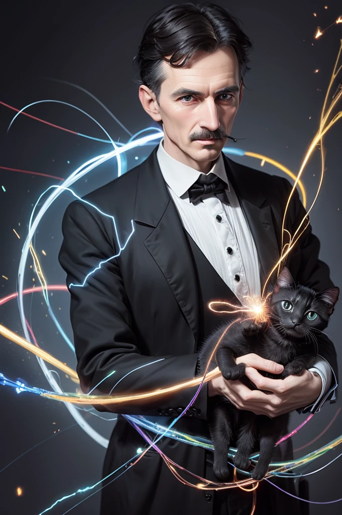 1. Draw nikola tesla in a version playing with an electric black kitten, both surrounded by colorful threads and bright sparks.