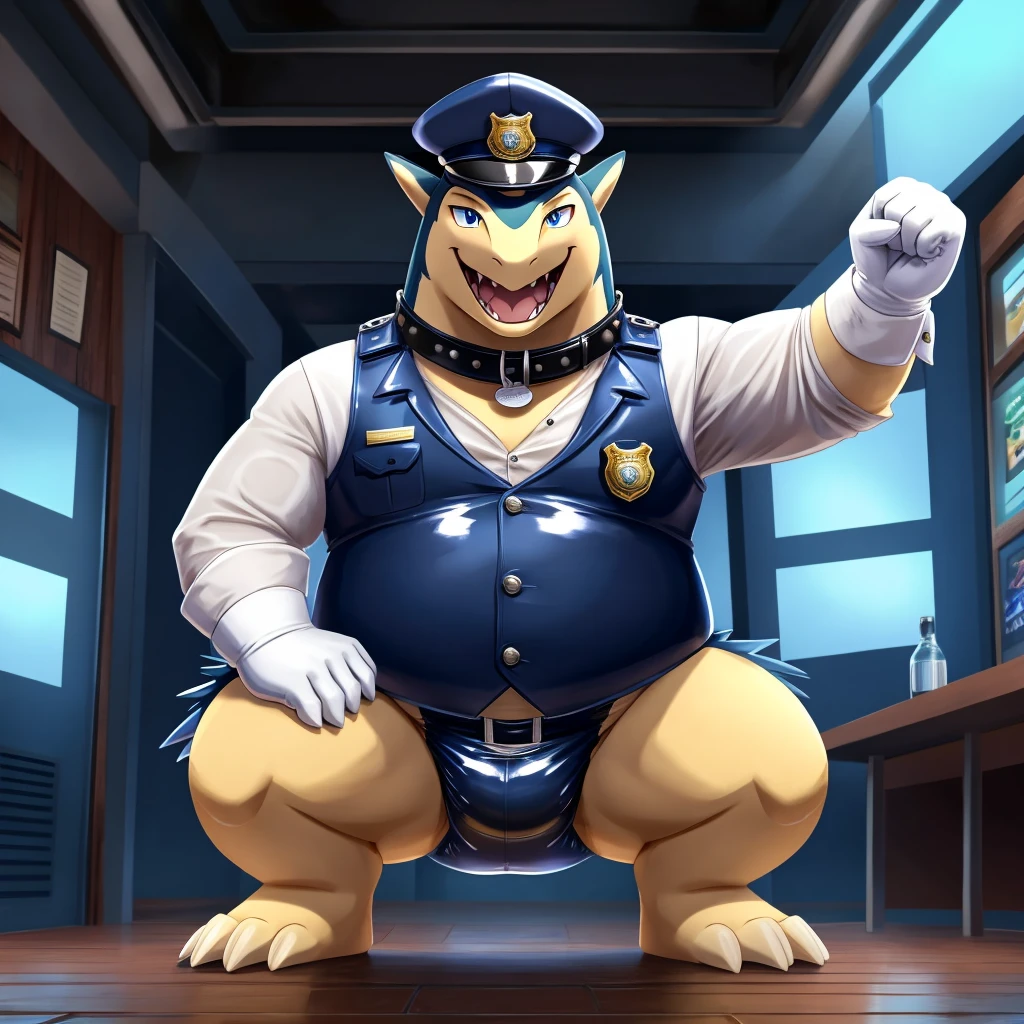 Solo, Male, fat, squatting, extremely obese, gentleman, dapper Typhlosion, pooping in diaper, blue eyes, (soft shading), 4k, hi res, ((detailed face, detailed)), looking at viewer, evil grin, police station, collared shirt with buttons, hat, male focus, Police Uniform, glasses, monocle, vest with buttons, sleeves rolled up, round eyewear, headwear, vest, Typhlosion is wearing a glossy leather dog collar around the neck, Typhlosion is wearing the leather collar and shirt and vest at the same time, Typhlosion is wearing glossy light-blue rubber gloves on the hands, wearing light-blue rubber gloves on the feet, gloves are rubber in texture, mouth wide open, evil laugh, clenching fists, leather collar is glossy and shiny with a lot of detail, Typhlosion is wearing gloves and leather collar at the same time, leather collar has a round dog-tag, leather collar is thick and detailed, light-blue rubber gloves on the feet, Typhlosion is wearing gloves and leather collar at the same time, leather collar has a round dog-tag, leather collar is thick and detailed, leather collar is glossy and shiny, fancy clothing, dapper vest, dapper shirt, leather collar is thick, glossy leather collar, Typhlosion is wearing a dirty diaper