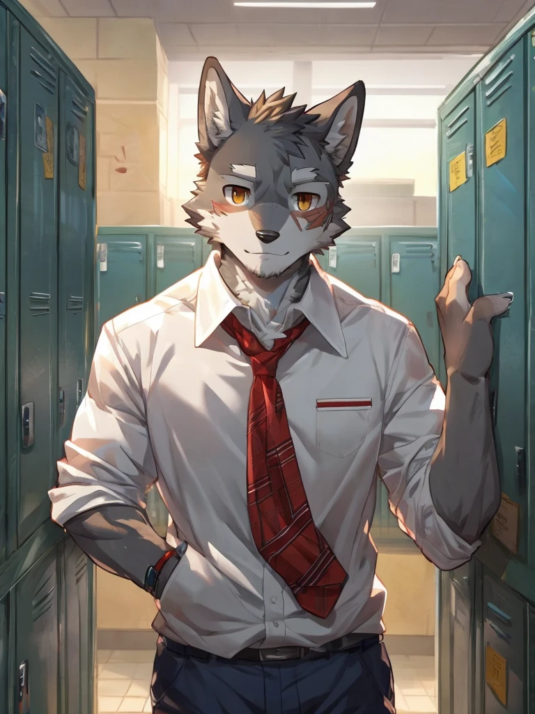 embedding:Gray wolf,Golden Eyes，Single Person,a scar on the face.Gray fur，High school students,male school uniform,A buzz cut,no hair,Standing by the school locker,Male,Handsome,muscle,A little nervous,Smart,Best quality hands, best quality eye，detailed fur，Delicate eyes.Extreme picture quality，by sollyz,by zixiong,by milkytiger1145