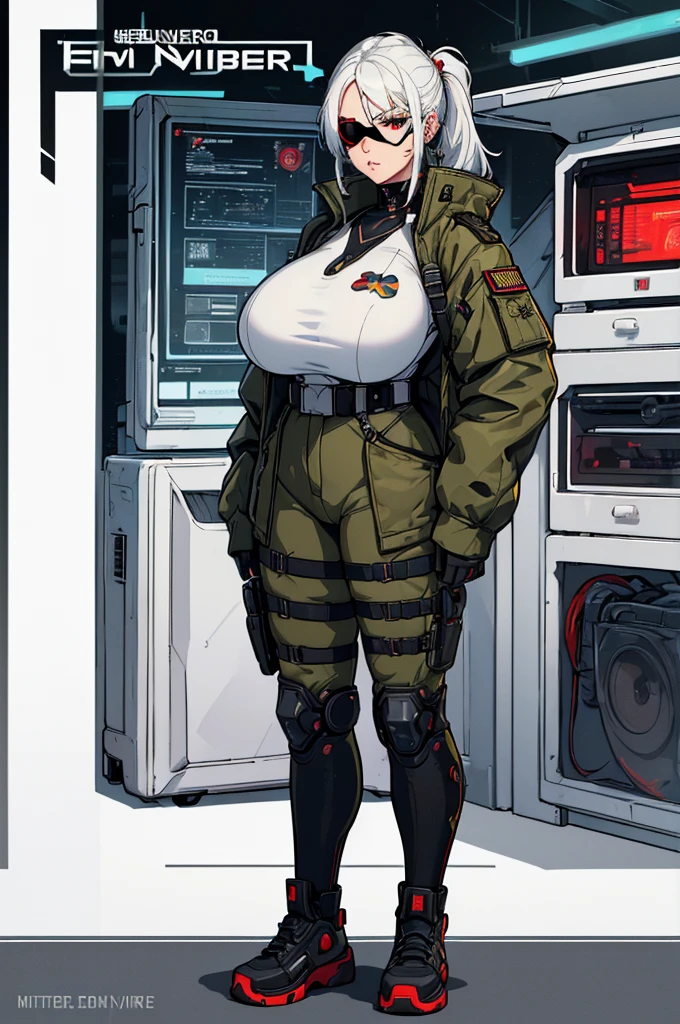 (masterpiece, best quality, high resolution, ((huge breasts))1 woman, military hairstyle, white hair, right eye patch, cyberpunk style white military clothes, cyberpunk style military shoes, style run cyberpunk, military posture military(white background , stickers Redmond), ((full body standing)),