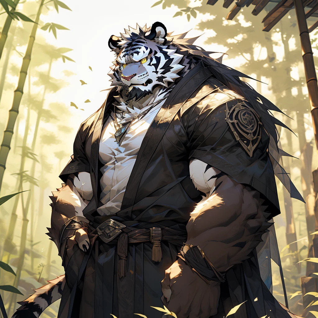 白色皮肤tiger),(黑白阴阳General战袍),Holding a long sword,坚Strong姿态,Stand calmly,(The background is a dark forest,Full of bamboo:1.2),abdominal muscles,Heroic Stance飒爽,完美的masterpiece,Various facial details,Perspective from a distance,specific description,masterpiece,CG,(Golden Eyes),Black and white pattern,Crimson Tail,General,Heroic Stance,tiger,Black and white fur,Specific facial details,Half Body,(黑白阴阳General战履),(Chang Ling),((middle aged)),(Face Focus),(16K),HD,Black and white belly,wilderness,beard,(Noodle),Different students,(Black and white yin and yang shirt),(Black and white hair),Strong,muscle,(high resolution:1.3),(Standing deep in the desolate bamboo forest),(close up),(Delicate face:1.5),Perfect details,(Half Body),(Facial details:1.5),(Zoom in on the face:1.5),(白色Noodle:1.2),(黑色beard:1.3),(white face;1.6),White body