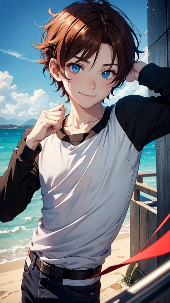 anime boy perfect face, with heterochromia the left eye is green and the right eye is red red, short brown hair, expression of disinterest but smiling