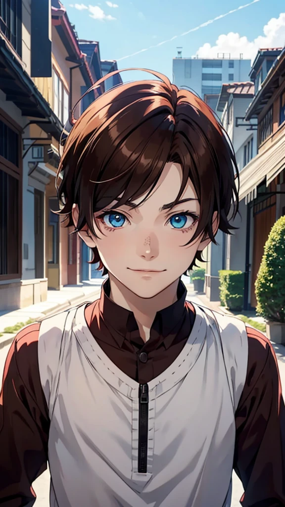 anime boy perfect face, with heterochromia the left eye is green and the right eye is red red, short brown hair, expression of disinterest but smiling