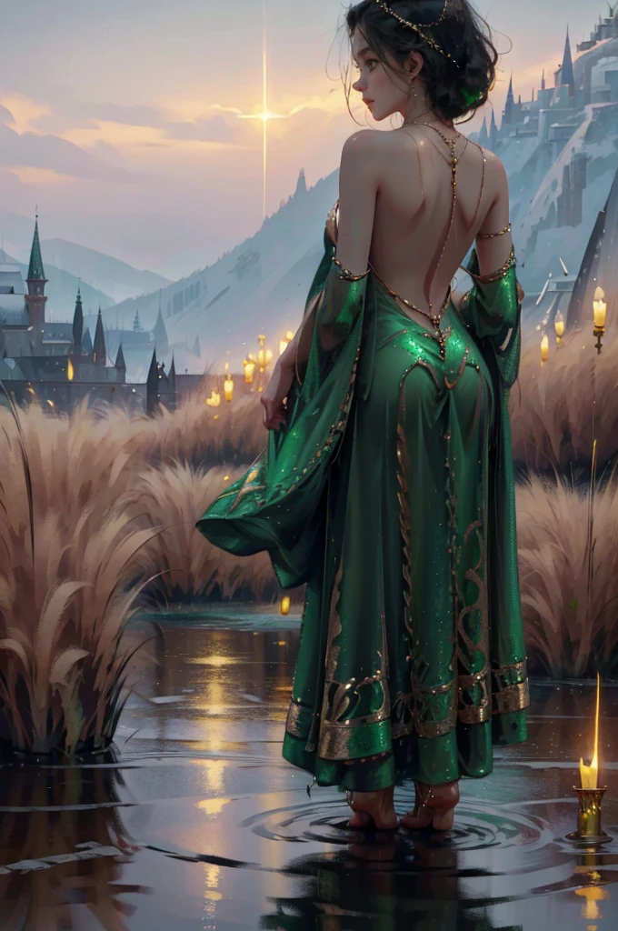 ((aeolian)), 1 ((young)) girl with a beautiful face and green eyes, Princess, ((wearing a backless dress)), very long black hair, fantasy castle landscape, bare feet, full body view, view from side, wearing golden anklets, wet skin, raining weather, casting magic, standing in a puddle
