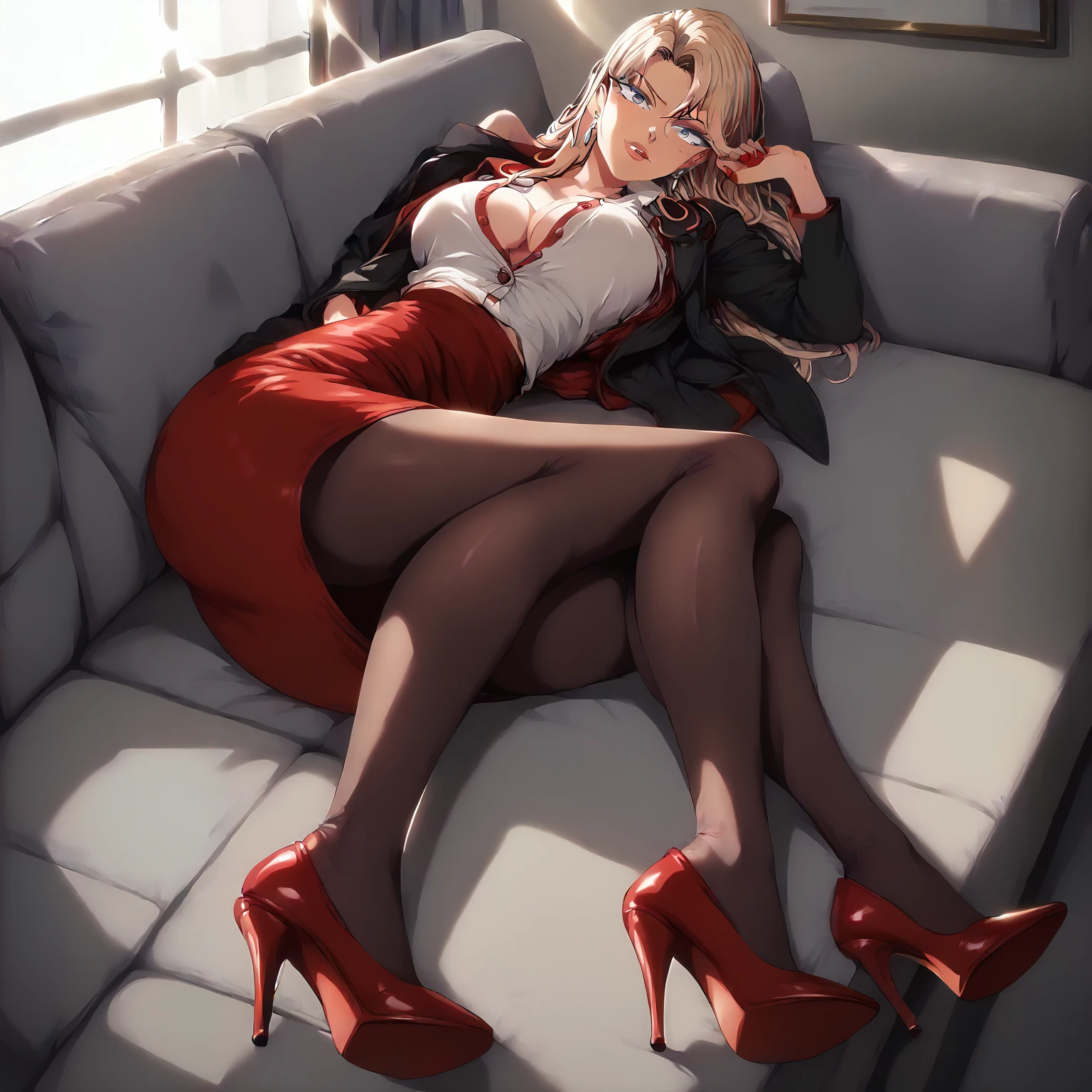 (solo), Reika Kurashiki, 1girl, blonde hair, long hair, blue eyes, earrings, large breasts, indoors, full body, looking at viewer, ((wearing red colored pencil skirt, wearing black pantyhose, wearing red colored buttoned up office jacket with white undershirt, wearing red high heels)), laying in office couch, in personal office, sunset lighting, mouth slightly open,