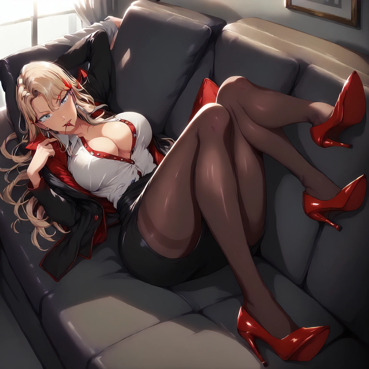 (solo), Reika Kurashiki, 1girl, blonde hair, long hair, blue eyes, earrings, large breasts, indoors, full body, looking at viewer, ((wearing red colored pencil skirt, wearing black pantyhose, wearing red colored buttoned up office jacket with white undershirt, wearing red high heels)), laying in office couch, in personal office, sunset lighting, mouth slightly open,