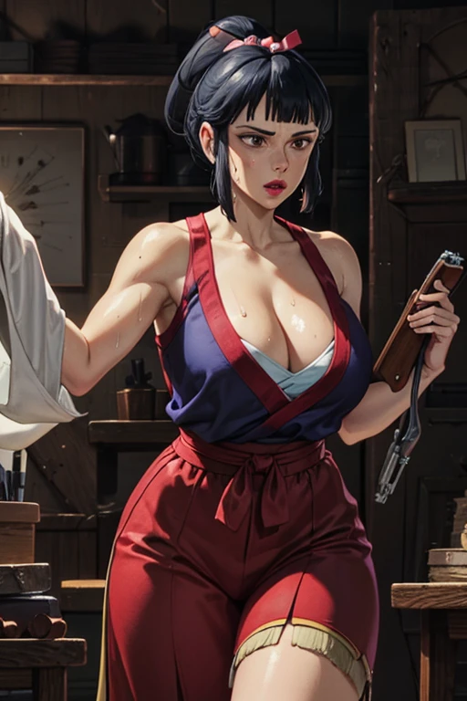 masterpiece, Highest quality,  Unreal Engine,  Super Resolution,  Very detailed, 

One Woman, Lady Eboshi from Princess Mononoke, Cleavage, Physical Beauty, (Muscular:0.8), (Big Breasts), bold, Lips parted,  Observe the audience, 

In a dynamic pose,  Cowboy Shot, 

The World of Princess Mononoke, At the matchlock gun workshop,  Key Visual, 

((Sticky with sweat)),