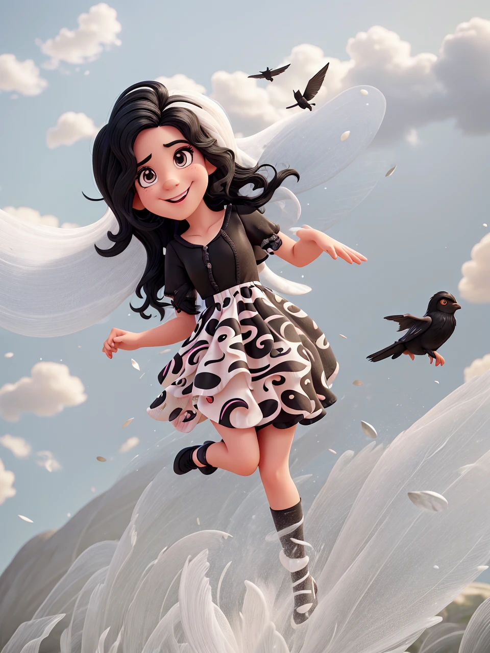 Joking caricature, white skinned , wavy black hair, fly away, , colorfull dress, 8k, best image