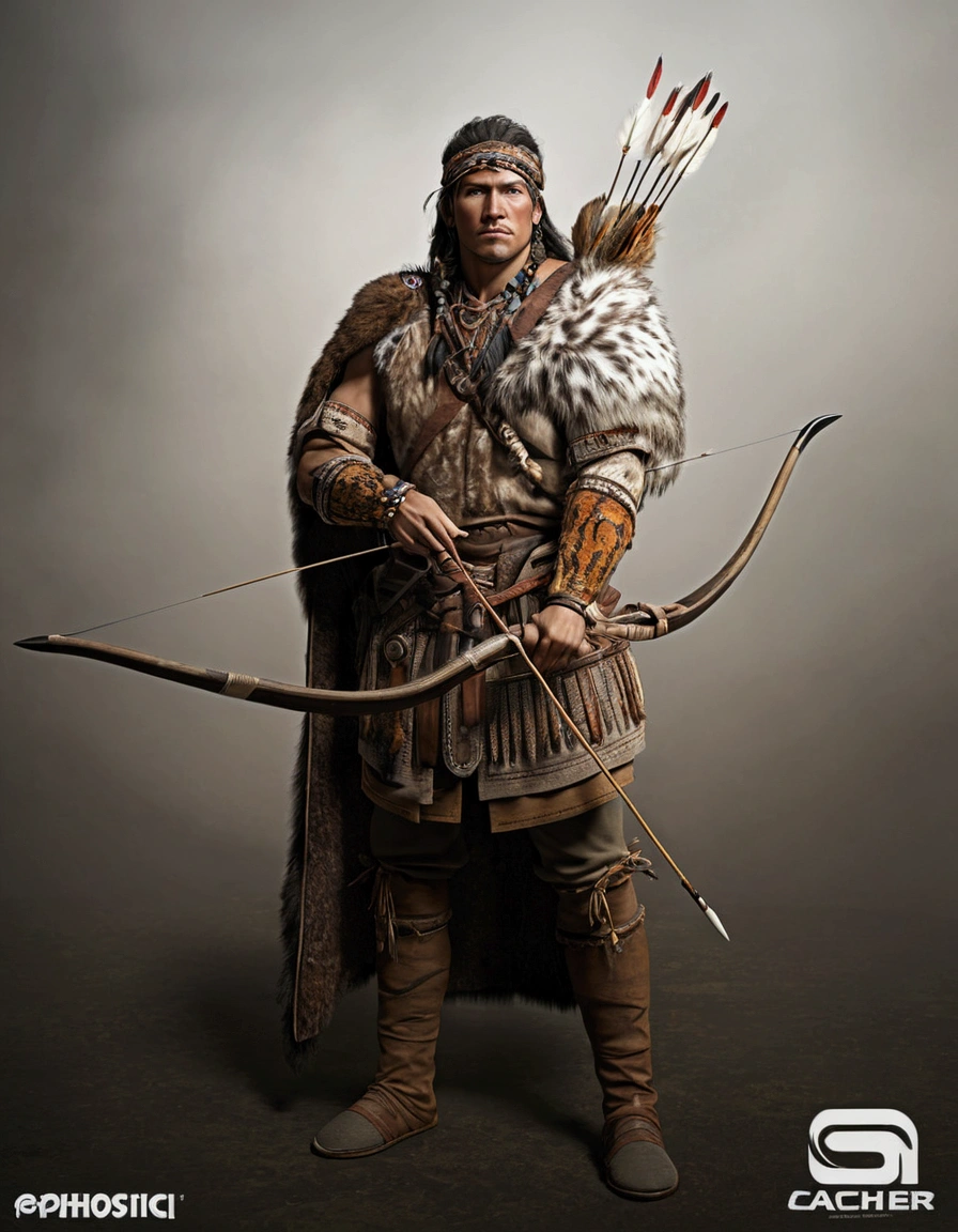 prehistoric archer wearing animal skins: ultra realistic and detailed