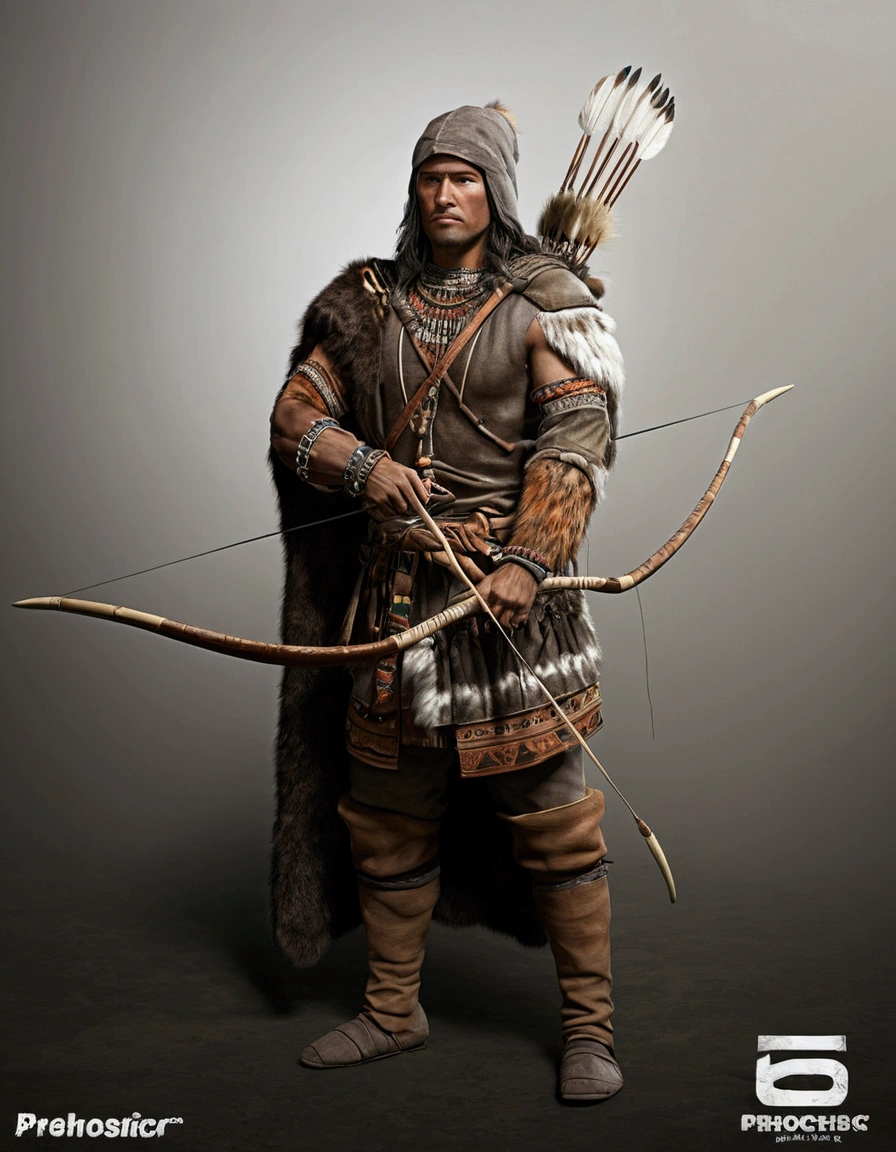 prehistoric archer wearing animal skins: ultra realistic and detailed