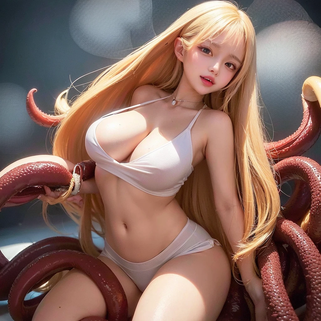 NSFW, Tentacles inserted vaginal sex, In the body of the creature Tentacles crawling to lick all over the girl's body, Tentacles like penises jostle and restrain the girl from behind, making her peel off her shirt and squeeze her breasts, (The tentacles wrap around the girl's arms and thighs:1.3), The penis-like tentacles monster viewer involuntarily inserts his penis into the girl's vagina, Legs suspended by a large number of tentacles wrapped around the girl's thighs, Background as if squirming inside a tentacle body, Tentacles like penises during ,Tentacles inserted from the girl's mouth to the back of her throat, The girl's whole body is covered in the mucus of the tentacles crawling all over her, (Masterpiece, Super realistic, Super details, Super Highest Quality, Super Highest Quality), super cute and beautiful girl, You are male professional photographer, Japanese gal, For dark brown eyes, Blonde yellow hair, Pink ribbon, gal make-up, False eyelashes, Pearl pink lips, Unbuttoned out Hemmed sailor red open collared open front white shirt, (Very thin shirt:1.3), beautiful side face focus, big open mouth, (brown eyes:1.4), big round chest, BREAK, (Half down two side up blonde very long hair style:1.4), (Wider at the hem flabby large in size Super Loose Socks:1.4), An innocent , evil smile, (skin fang:1.2), realistic cute Japanese girl, standing pose, wear white unbuttoned shirt, low-rise pleated plaid micro mini skirt, Japanese cute girls, long hair, blonde hair, two side up, hair ribbon, pink ribbon, frills, opened sailor collar, necktie, white shirt, long sleeves, red skirt, loafer, (frilled hemmed outfit:1.3), cleavage, half closed eyes, very wet Tentacles that wrap around legs up and arms and stomach, Whole body covered with mucus, Mucus dripping from tentacles, very big open mouth tongue out, (tearful expression:1.4), orgasming, Display the effect of a body jolting and shaking, spread Pussy Flesh Folds,