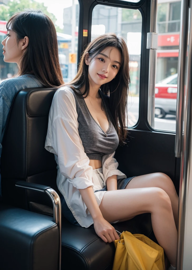 (16k, RAW photos, top quality, masterpiece: 1.2), (realistic, photorealistic: 1.37), 1 girl, Japan people, 44 years old, (open legs)), sitting in a crowded bus, big, slender, crotch, full open legs, (round swing sexy mini skirt: 1.3), (white open shirt: 1.3), see-through underwear, Not wearing underwear