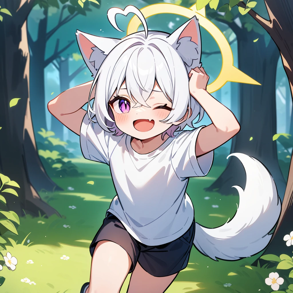 (masterpiece:1.2,high quality),4K,High resolution,A -year-boy,c boy, white hair,short hair,crossed bangs,purple eyes,slit pupils,one eye closed,heart ahoge,yellow halo,cat ears,laughing,skin fang,Wearing a white shirt,Black shorts,Stand in the forest,There are flowering trees on both sides.,primary scho,dog tail,Put your hands behind your head,(Put your hands behind your head)