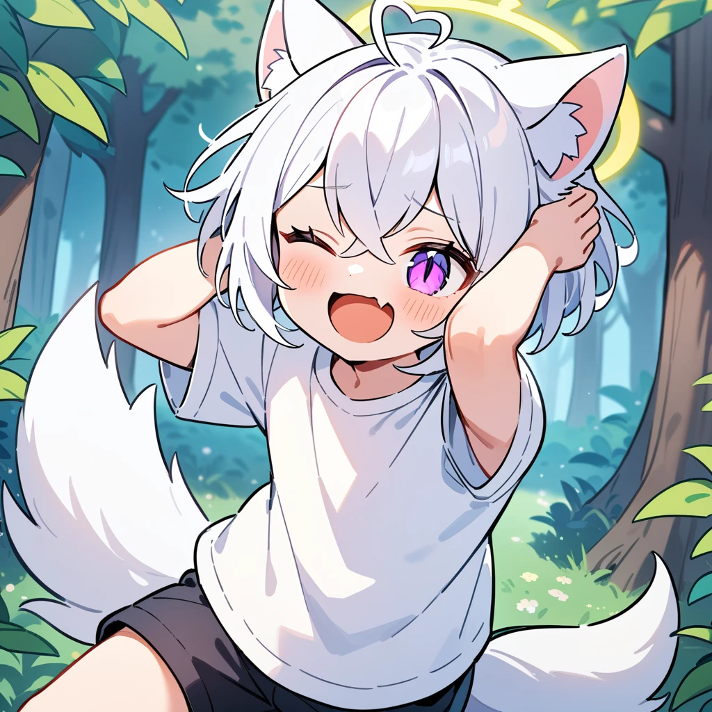 (masterpiece:1.2,high quality),4K,High resolution,A seven-year-old boy,cute boy, white hair,short hair,crossed bangs,purple eyes,slit pupils,one eye closed,heart ahoge,yellow halo,cat ears,laughing,skin fang,Wearing a white shirt,Black shorts,Stand in the forest,There are flowering trees on both sides.,primary school student,thigh,alone,dog tail,Put your hands behind your head,(Put your hands behind your head)