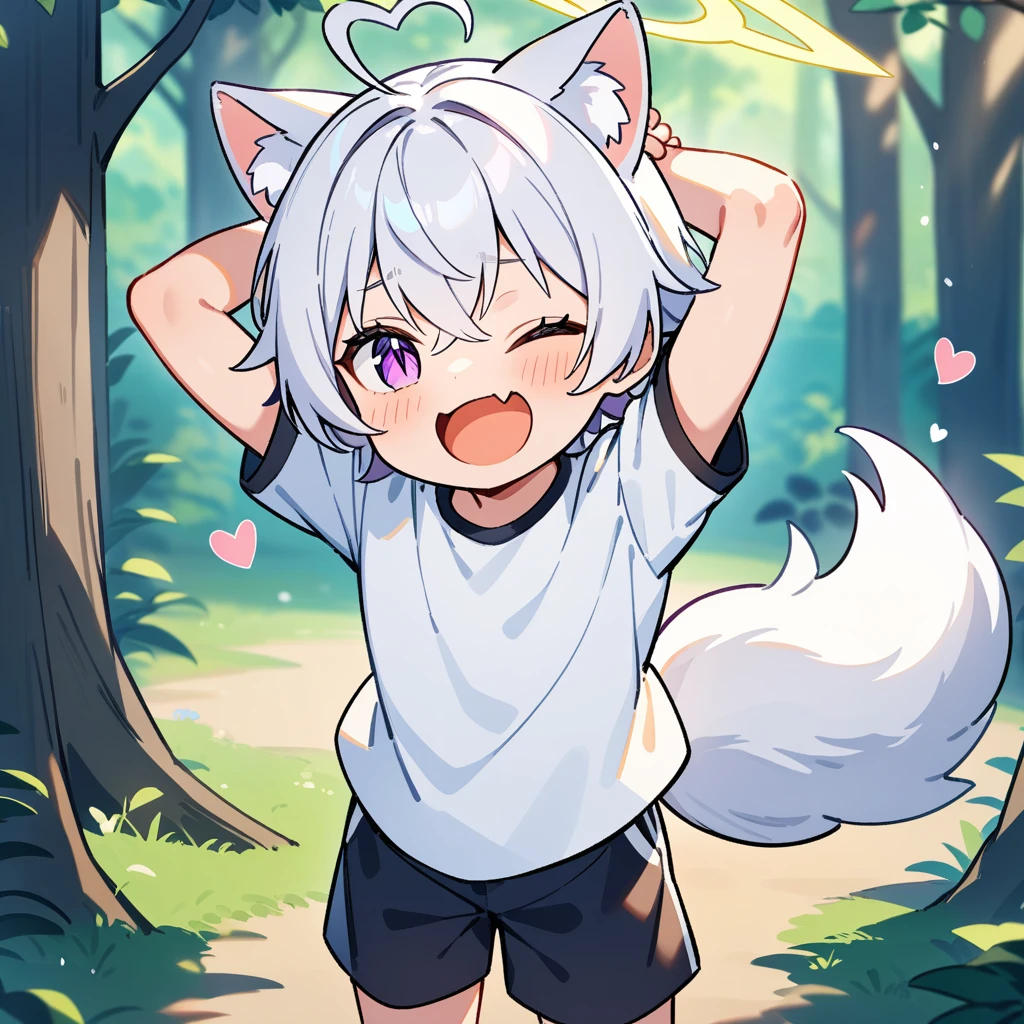 (masterpiece:1.2,high quality),4K,High resolution,A seven-year-old boy,cute boy, white hair,short hair,crossed bangs,purple eyes,slit pupils,one eye closed,heart ahoge,yellow halo,cat ears,laughing,skin fang,Wearing a white shirt,Black shorts,Stand in the forest,There are flowering trees on both sides.,primary school student,thigh,alone,dog tail,Put your hands behind your head,(Put your hands behind your head)