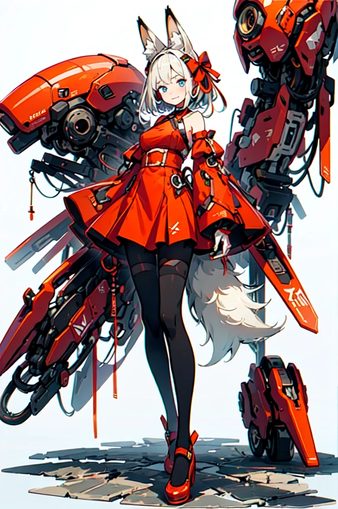 Fox ears, Mecha, machine, Bushy tail, blue theme,, ultra detailed, masterpiece, best quality, aesthetic, detailed,, solo, soft smile, light smile,
1girl, blue eyes, very long hair, blonde hair, long blonde hair, french braid, bangs, medium breasts,, hair ribbon, frilled choker, criss-cross halter, sleeveless dress, high-waist skirt, backless dress, waist bow, detached sleeves, frilled sleeves, wide sleeves, pantyhose, patterned legwear, mary janes,