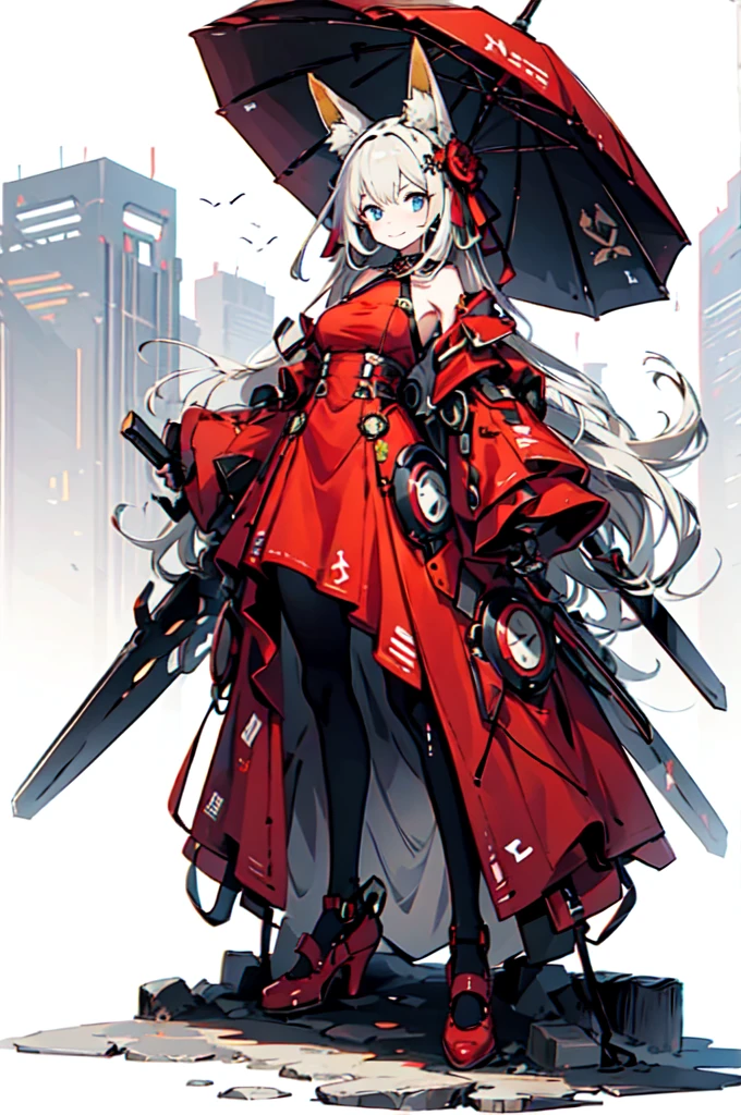 Fox ears, Mecha, machine, Bushy tail, blue theme,, ultra detailed, masterpiece, best quality, aesthetic, detailed,, solo, soft smile, light smile,
1girl, blue eyes, very long hair, blonde hair, long blonde hair, french braid, bangs, medium breasts,, hair ribbon, frilled choker, criss-cross halter, sleeveless dress, high-waist skirt, backless dress, waist bow, detached sleeves, frilled sleeves, wide sleeves, pantyhose, patterned legwear, mary janes,