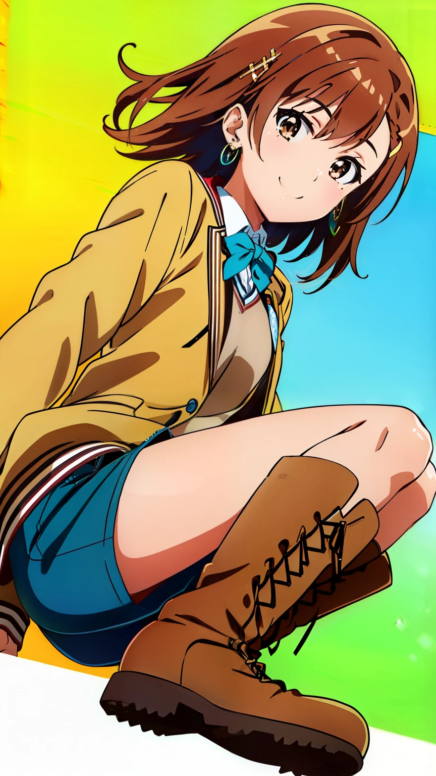 (masterpiece, best quality, 8k:1.2),Very detailed, (anime:1.1), misaka_mikoto, brown hair, short hair, hairpin, small medium breasts, 1girl, (College jacket, shorts, boots, earrings, smile), dutch angle, looking at viewer,