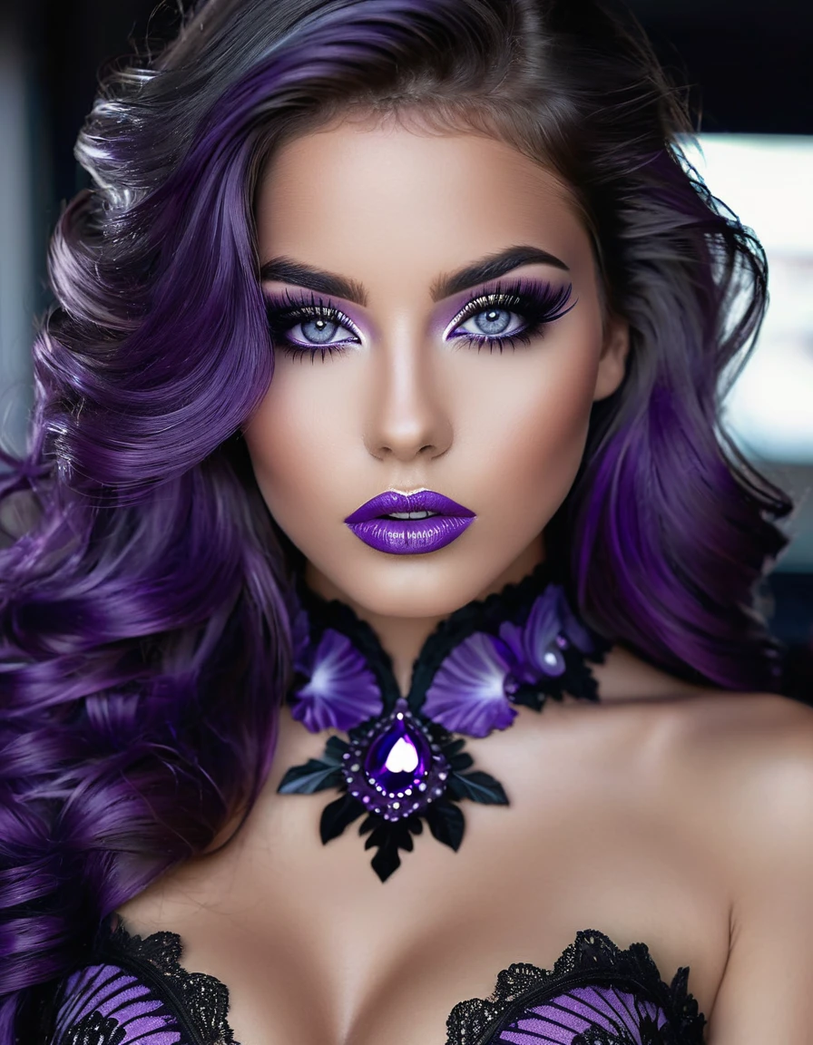 Sublime very sexy woman, Naked Detailed lips, detailed eyes, detailed eyelash, detailed face, sublime and detailed body, long cheveux violet, visage de séduction, ((violet make-up)), photo du milieu du corps, ((porter un costume)),(( Une cravate violette, photo noir et blanc et violet, only black and white and purple photo)), (((photo noir et blanc et violet : 2.0, only black and white and purple photo :2.0, purple only on iris and make-up and hair, b/w, b&w)))