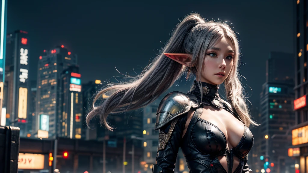 Female Elf,Close-up, Hollow future armor, 2. 5D CGI anime fantasy artwork, Large Breasts,Epic fantasy digital art style, detailed Digital 2D fantasy art, Digital 2D fantasy art, original photo, (best quality:1.3), high resolution, (masterpiece), (lifelike:1.4), Professional photography, Clear focus, High Dynamic Range, 8k resolution, Intricate details, Fine details, Depth of Field, Extremely detailed CG unified 8k wallpaper, masterpiece,poster,best quality,Official Art,(Beauty and aesthetics:1.2),(masterpiece:1.3),Female Elf,individual,complex pattern,Street at night,Cyberpunk style future city,Medium distance photography,(midnight:1.8),dramatic,Cyberpunk style clothes