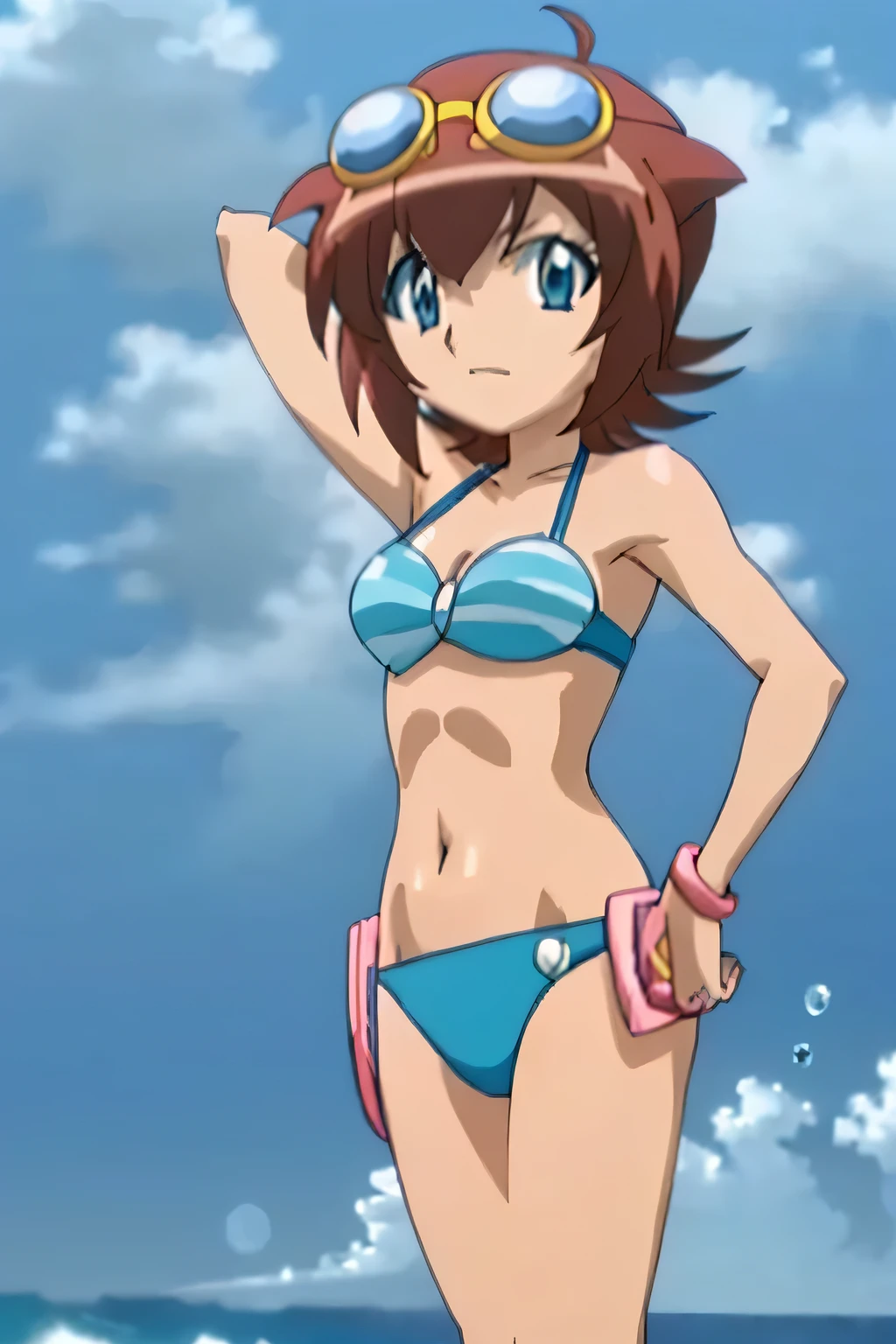 Amano_Madoka_Beyblade, 1girl, solo, short hair, aqua eyes, brown hair, goggles on head, in strips bikini