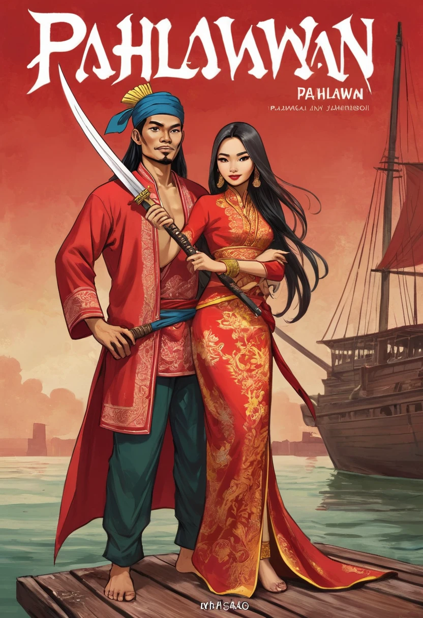 a comic book cover, illustration style. Titled written "PAHLAWAN KU" a Malay Javanese man, wearing traditional man costume, long hair wearing Tanjak on his head, holding a long Javanese dagger called Sundang. heroic poses. Besides him, a young beautiful Malay woman (supermodel) wearing Malay traditional outfits called Kebaya in red colour. She wrap her hand around the man. They are standing on a old ship dock. full body shot. Background of old historical ship in 1511 centuries in Malacca.