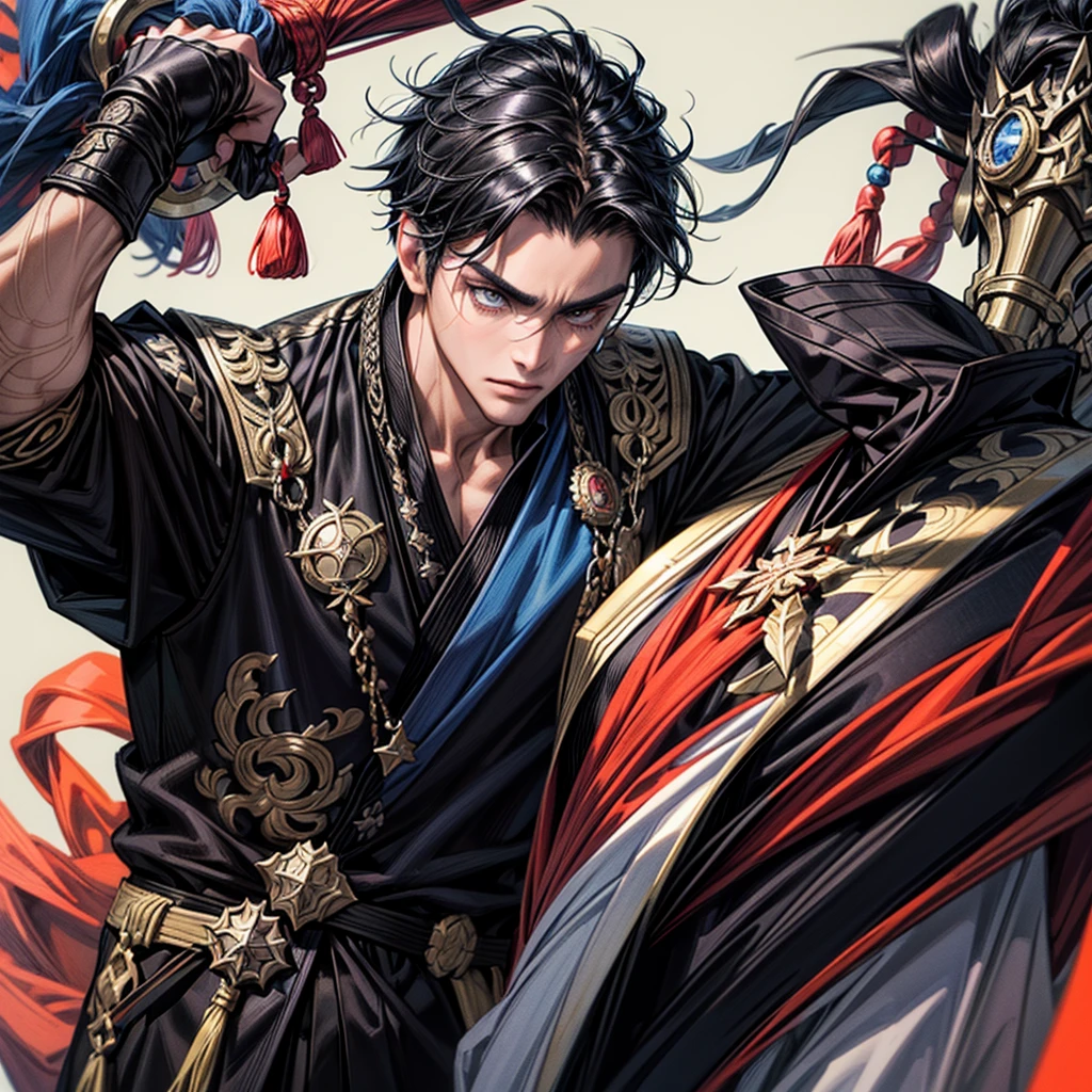 Create a muscular swordsman boy, attractive, black hair with somewhat dark skin, a racing silks outfit with bright and colorful colors inspired by pre-Hispanic clothing and circular lenses. All in a style as if it were a genshin impact character. Black horse in the background
