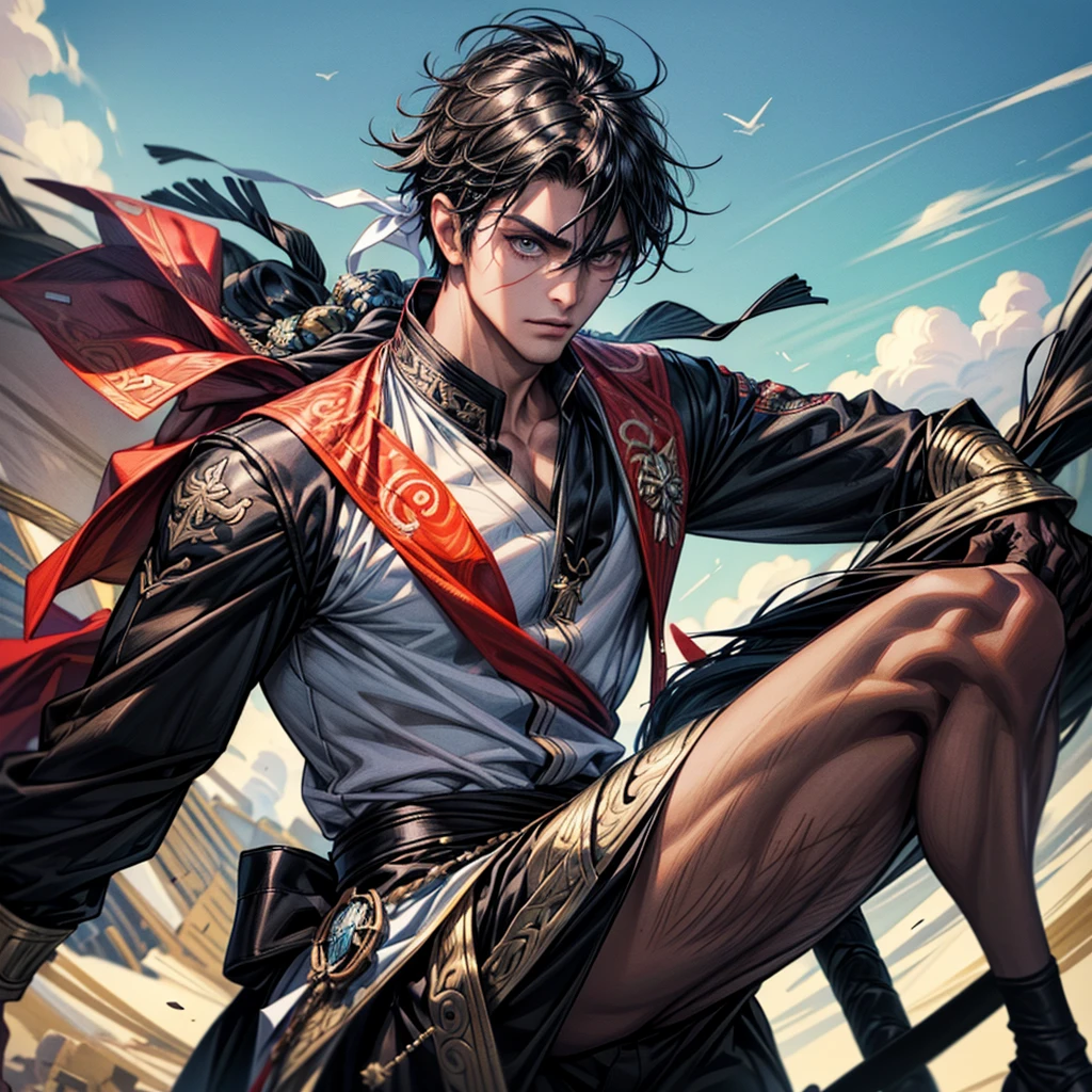 Create a muscular swordsman boy, attractive, black hair with somewhat dark skin, a racing silks outfit with bright and colorful colors inspired by pre-Hispanic clothing and circular lenses. All in a style as if it were a genshin impact character. Black horse in the background
