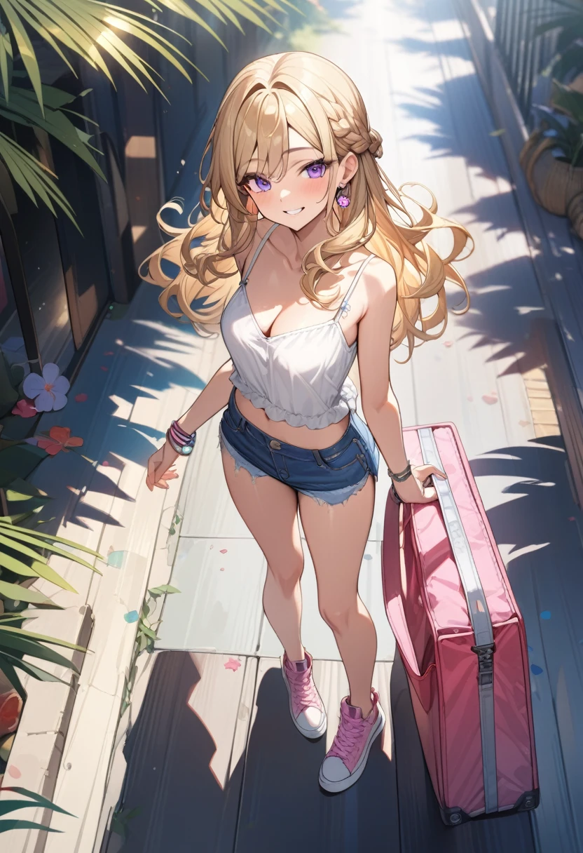 masterpiece, best quality, extremely detailed, ultra detailed, flat anime, 2D,
1girl, (young adult:1.2),blonde hair, (semi-long hair:1.2), curly hair, french braid,medium breasts, tsurime, purple eyes,earring,bracelet,height 1.7meters,
smile, pink sneaker, denim shorts, camisole, beach bag,
{{happy}}, (dynamic:1.7), (full body:1.7), outdoors, summer, facing viewer