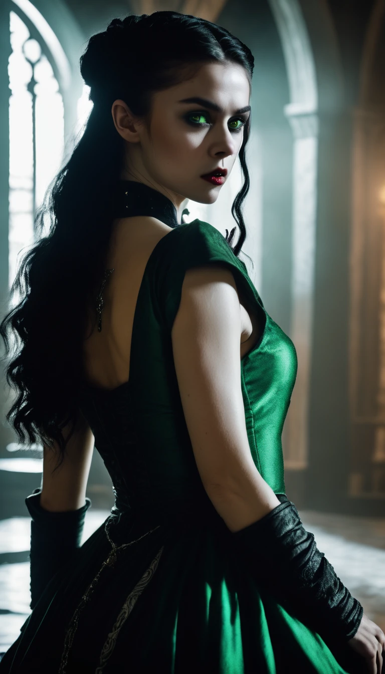 mpov_fdom, mpov_hands, 8k cinema quality still, young norse Female vampire, nude, shockingly beautiful , black hair with white streak, tight ponytail,  build, medium breasts, puffy labia majora, icy green eyes,  straddling the viewer , dominating the viewer sexually,orgasm , 