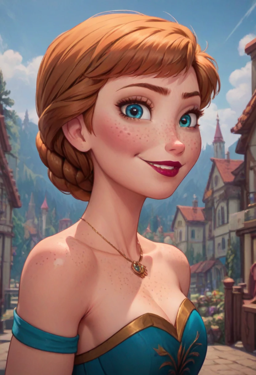 ((masterpiece, best quality)), Disney reference, (Anna), Anna smirks at viewer, lipstick, freckles on face, upper body: bare shoulders, skinny 