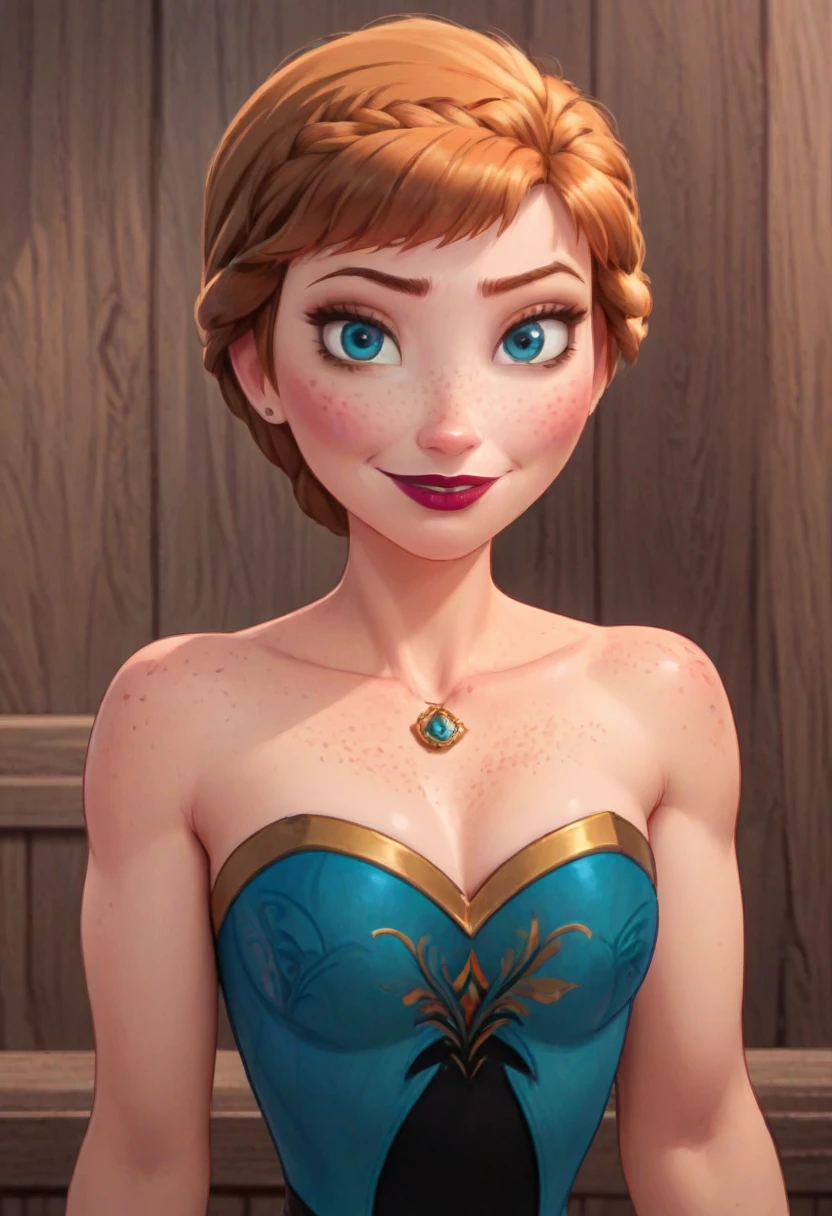 ((masterpiece, best quality)), Disney reference, (Anna), Anna smirks at viewer, lipstick, freckles on face, upper body: bare shoulders, skinny 