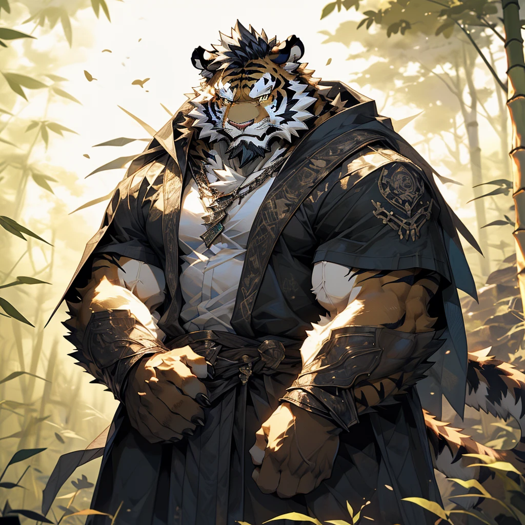 白色皮肤tiger),(黑白阴阳General战袍),Holding a long sword,坚Strong姿态,Stand calmly,(The background is a dark forest，Full of bamboo:1.2),abdominal muscles,Heroic Stance飒爽,完美的masterpiece,Various facial details,Perspective from a distance,specific description,masterpiece,CG,(Golden Eyes),Black and white pattern,Crimson Tail,General,Heroic Stance,tiger,Black and white fur,Specific facial details,Half Body,(黑白阴阳General战履),(Chang Ling),((middle aged)),(Face Focus),(16K),HD,Black and white belly，wilderness,beard,(Noodle),Different students,(Black and white yin and yang shirt),(Black and white hair),Strong,muscle,(high resolution:1.3),(Standing deep in the desolate bamboo forest),(close up),(Delicate face:1.5),Perfect details,(Half Body),(Facial details:1.5),(Zoom in on the face:1.5),(白色Noodle:1.2),(黑色beard:1.3),(white face;1.6),White body