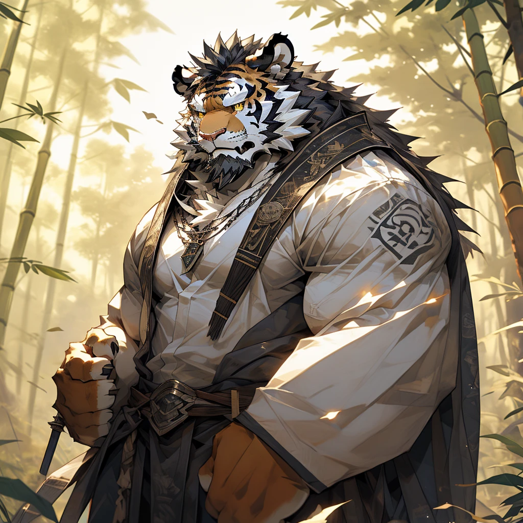 白色皮肤tiger),(黑白阴阳General战袍),Holding a long sword,坚Strong姿态,Stand calmly,(The background is a dark forest,Full of bamboo:1.2),abdominal muscles,Heroic Stance飒爽,完美的masterpiece,Various facial details,Perspective from a distance,specific description,masterpiece,CG,(Golden Eyes),Black and white pattern,Crimson Tail,General,Heroic Stance,tiger,Black and white fur,Specific facial details,Half Body,(黑白阴阳General战履),(Chang Ling),((middle aged)),(Face Focus),(16K),HD,Black and white belly,wilderness,beard,(Noodle),Different students,(Black and white yin and yang shirt),(Black and white hair),Strong,muscle,(high resolution:1.3),(Standing deep in the desolate bamboo forest),(close up),(Delicate face:1.5),Perfect details,(Half Body),(Facial details:1.5),(Zoom in on the face:1.5),(白色Noodle:1.2),(黑色beard:1.3),(white face;1.6),White body