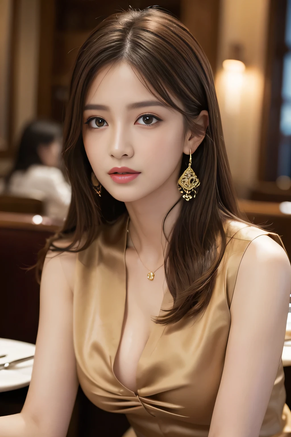 masterpiece, Highest quality, Realistic, Very detailed, Finer details, High resolution, 8k wallpaper, One beautiful woman, Wear a high-quality colored silk shirt, In a great restaurant, At night, Light brown messy hair, Perfect dynamic composition, Beautiful and beautiful eyes、Big earrings、chest、Sleeveless shirt、