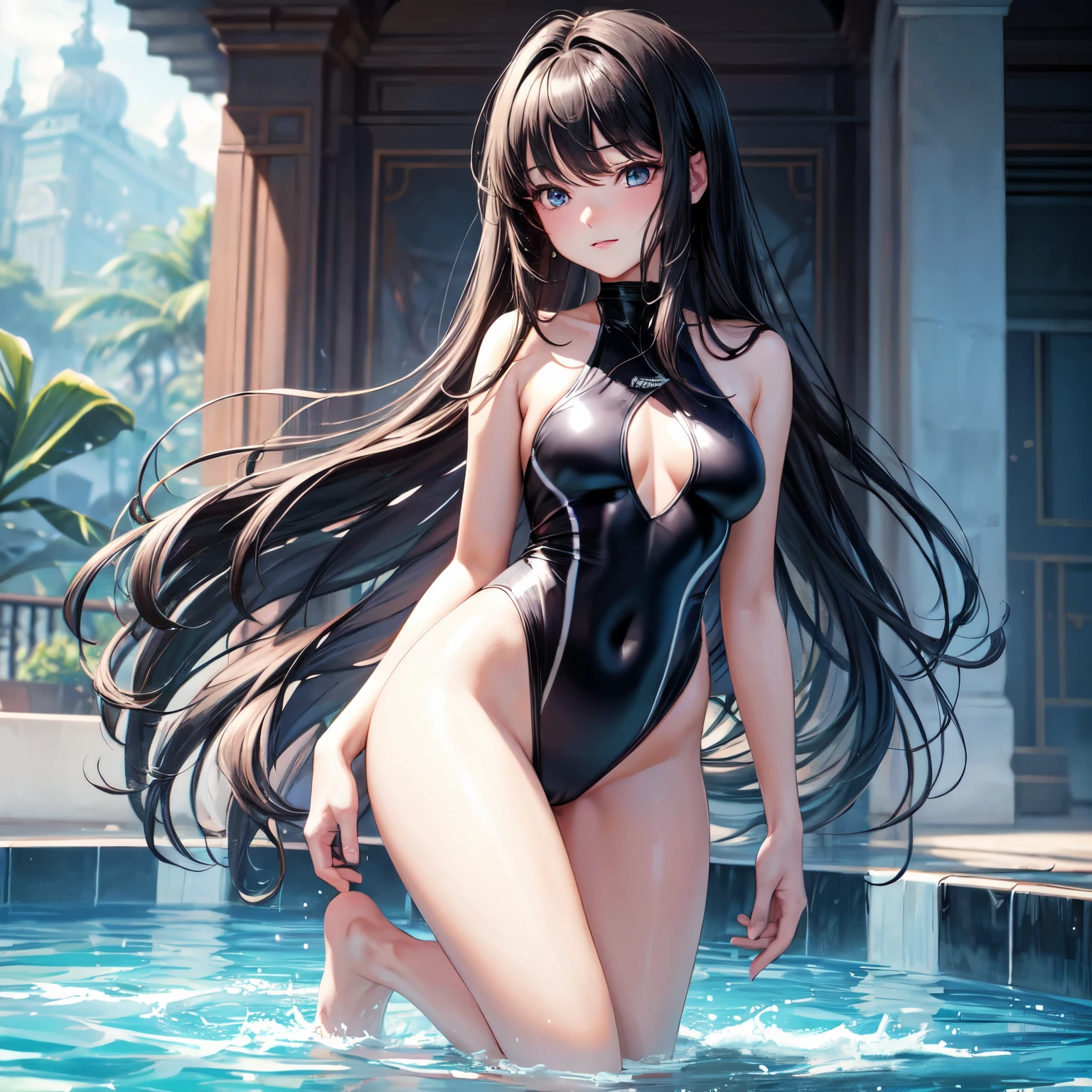 (4K,masterpiece,best quality,ultra detailed),(from behind,from back),center of frame,(daylight,bloom),female,(teenage),(medium hair,silky hair,straight hair,black hair),(beautiful detailed face,beautiful detailed eyes,finely detailed skin,beautiful medium breast,medium beautiful small hip,fair skin),light smile,shy,(one piece competition swimsuit),in a pool,