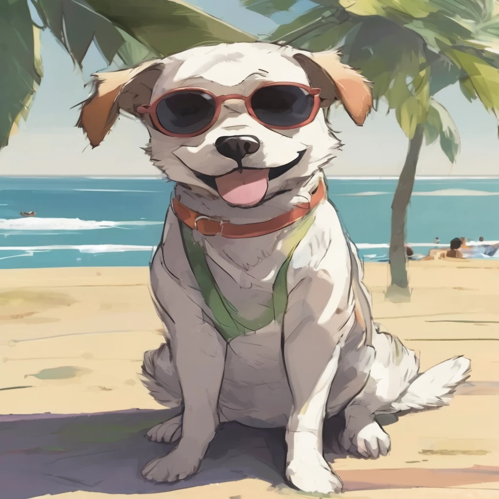 Sitting on a sunny beach、Dog wearing sunglasses, detailed, high quality　anime