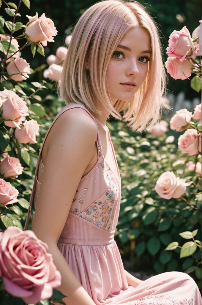 8k, RAW photo, Fujifilm, style photo of a beautiful young as avril in a garden of light pink roses (highly detailed skin: 1.2) Style-Petal BREAK short hair, blonde hair with colored locks, wearing a dress, film granulation, 35mm, cute stylealien 420 psychedelic